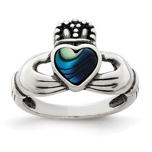 925 Sterling Silver Antiqued Abalone Inlay and Black Enamel Claddagh Ring